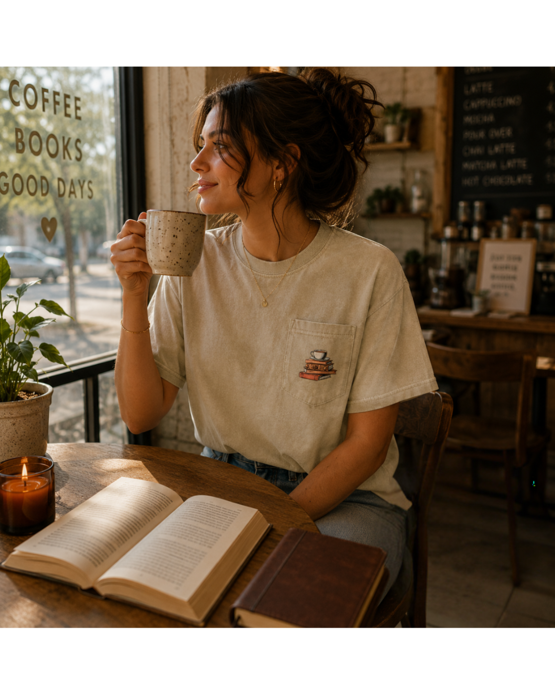 Coffeehouse Reader Pocket Tee
